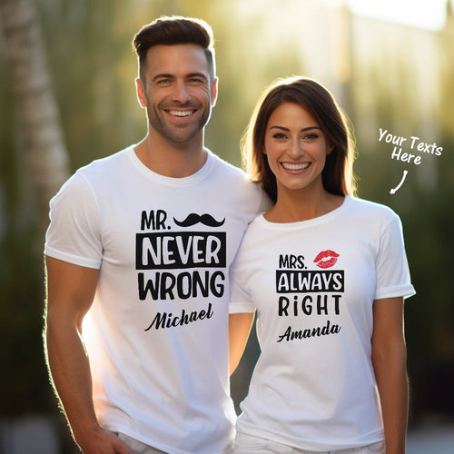 Custom Couple Matching T-shirts Mr Never Wrong and Mrs Always Right Valentine's Day Gift - FaceSocksUSA