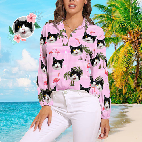 Custom Cat Face Hawaiian Shirts Pink Flamingo Vintage Long Sleeves Hawaiian Shirts for Women