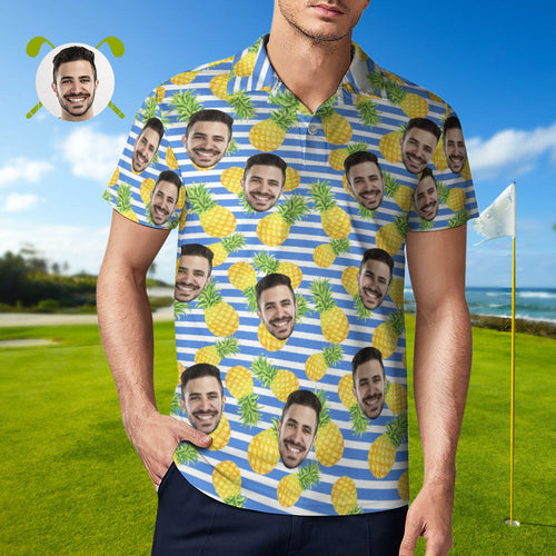 Men's Custom Face Polo Shirt Blue Stripes with Pineapples Personalized Hawaiian Golf Shirts