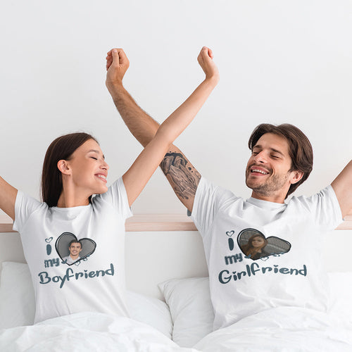 Custom Photo T-Shirt Personalized Couple T-shirt Blue Heart I Love My Girlfriend/Boyfriend