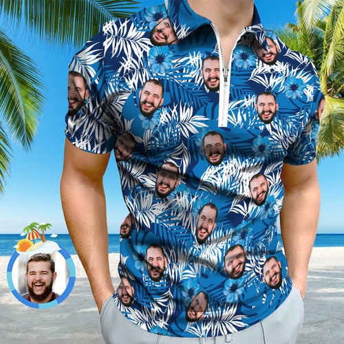 Custom Face Polo Shirt with Zipper Personalized Hawaiian Style Polo Shirt for Men