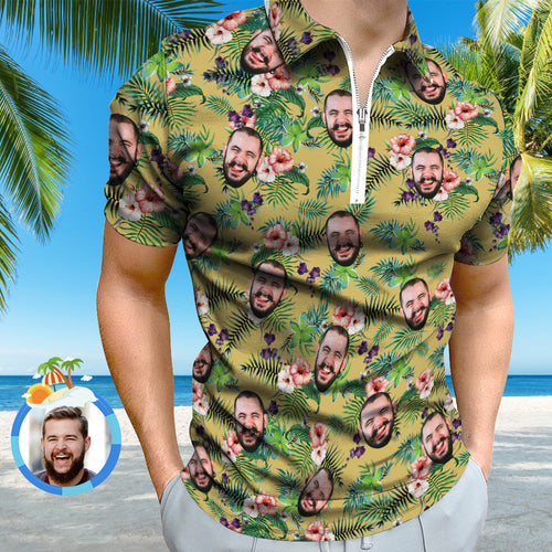 Custom Funny Polo Shirt with Zipper Personalized Face Hawaiian Style Polo Shirt for Men