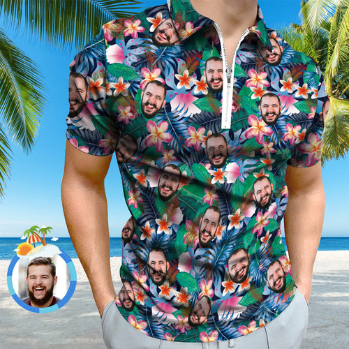 Custom Hawaiian Style Polo Shirt with Zipper Personalized Face Men's Polo Shirt for Him