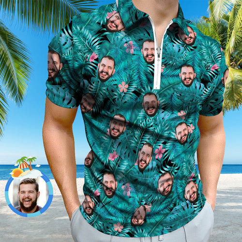 Custom Hawaiian Style Polo Shirt with Zipper Personalized Face Polo Shirt for Boyfriend or Husband