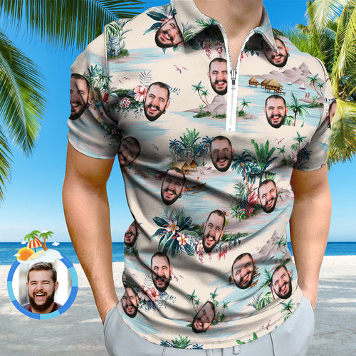 Custom Face Hawaiian Style Polo Shirt with Zipper Men's Polo Shirt for Boyfriend or Husband