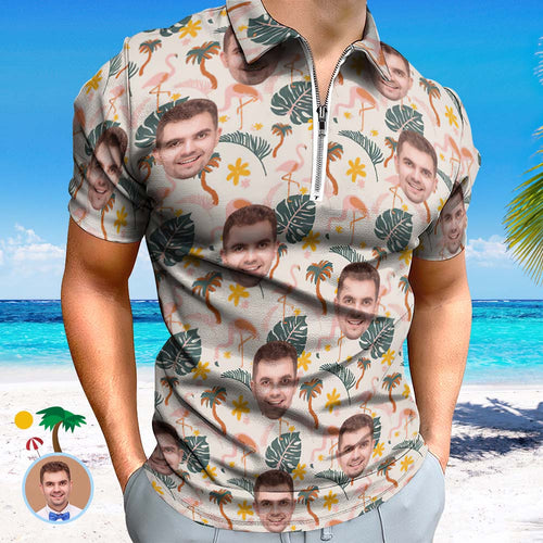 Custom Flamingo Wild Floral Men's Polo Shirt Personalized Face Funny Polo Shirt with Zipper