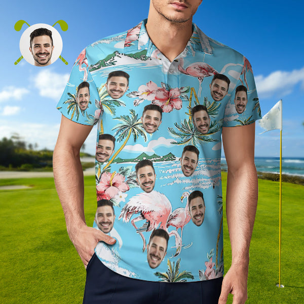 Men's Custom Face Polo Shirt Personalised Hawaiian Golf Shirts Flamingos