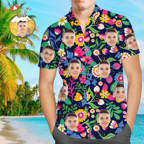 Custom Face Shirt Personalized Photo Men's Hawaiian Shirt Men's Hawaiian Shirt Colorful Flowers
