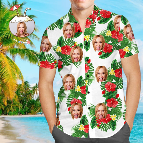 Custom Face Shirt Personalized Photo Men's Hawaiian Shirt Men's Hawaiian Shirt Red Flowers