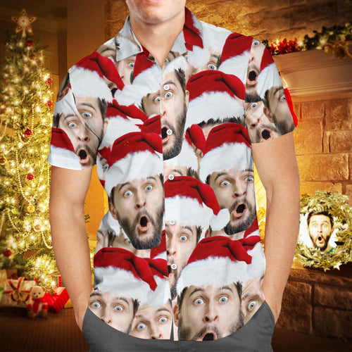 Custom Face Shirt Personalized Photo Men's Hawaiian Shirt Christmas Gift - Santa Face Mash