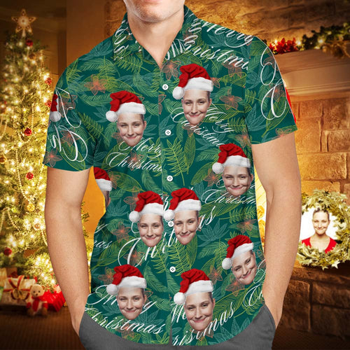 Custom Face Personalized Merry Christmas Hawaiian Shirt All Over Print Leaves