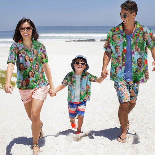 Custom Photo Hawaiian Shirt Parent-child Wears Personalized Face Hawaiian Shirt Gift Colorful Parrot