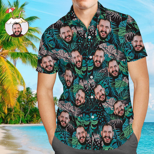 Custom Face Hawaiian Shirt Men's All Over Print Large Leaves Short Sleeve Shirt - facesocks