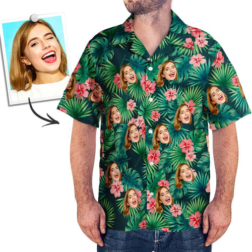 Custom Tropical Shirts Custom Face Hawaiian Shirt Leaves & Flowers Men's All Over Print Hawaiian Shirt