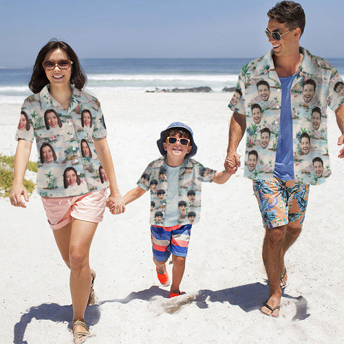Custom Photo Hawaiian Shirt Parent-child Wears Personalized Face Hawaiian Shirt Gift Sea View