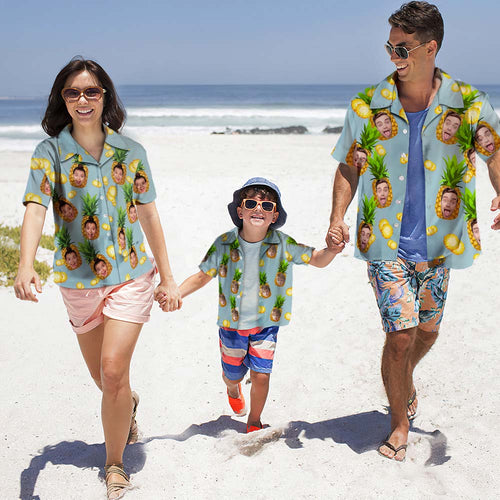 Custom Photo Hawaiian Shirt Parent-child Wears Personalized Face Hawaiian Shirt Gift Big Pineapple