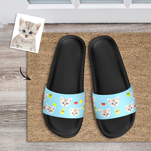 Custom Photo Slide Sandals Personalized Couple Face Slide Sandal For Summer Custom Gifts For Him/Her - Cat and Fruit