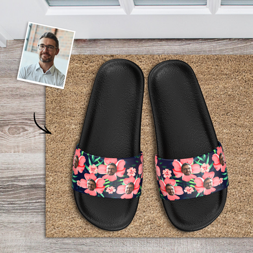 Custom Photo Slide Sandals Personalized Couple Face Slide Sandal For Summer Custom Gifts For Him/Her - Red Flower
