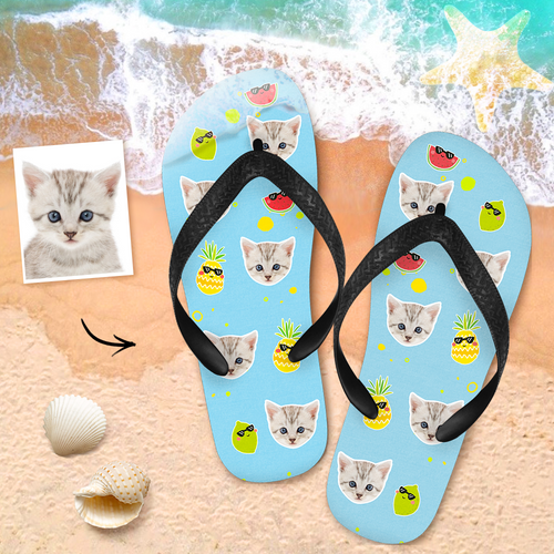 Custom Face Flip Flops Personalized Photo Flip Flops Summer Beach Slide Sandals - Cat and Fruit