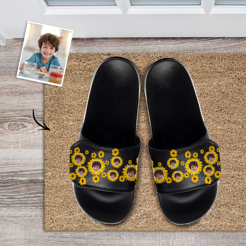 Custom Face Slide Sandals Personalized Velcro Slide Sandals Gifts Go To The Beach Holiday Gifts - Sunflower