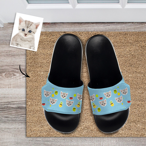 Custom Face Slide Sandals Personalized Velcro Slide Sandals Gifts Go To The Beach Holiday Gifts - Fruit and Cat