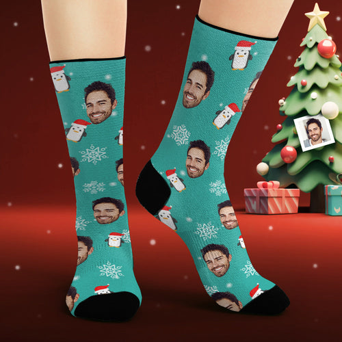 Custom Face Socks Personalized Photo Socks Christmas Penguin - FaceSocksUsa