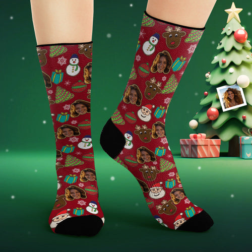 Custom Face Socks Personalized Photo Socks Christmas Cute Snowman and Elk - FaceSocksUsa