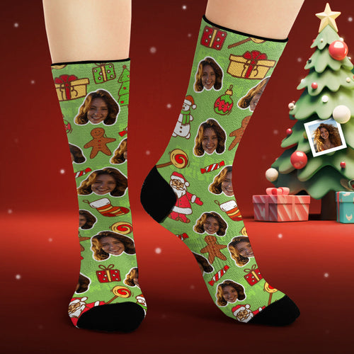 Custom Face Socks Personalized Photo Green Socks Christmas Gifts - FaceSocksUsa