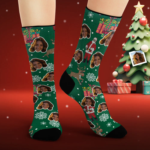 Custom Face Socks Personalized Photo Green Socks Santa Claus and Gifts Merry Christmas - FaceSocksUsa