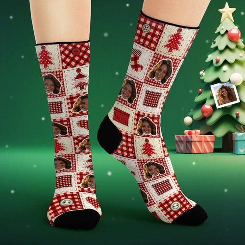 Custom Face Socks Personalized Photo Socks Christmas Plaid Pattern - FaceSocksUsa