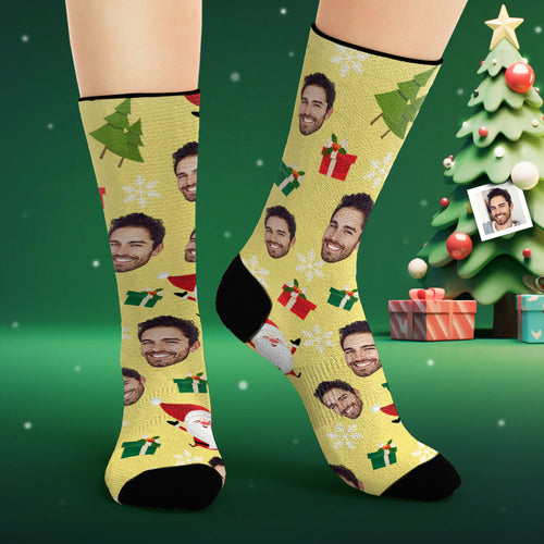 Custom Face Socks Personalized Photo Yellow Socks Cute Santa Claus - FaceSocksUsa