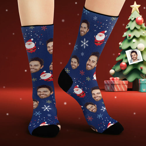 Custom Face Socks Personalized Photo Blue Socks Cute Santa Claus - FaceSocksUsa