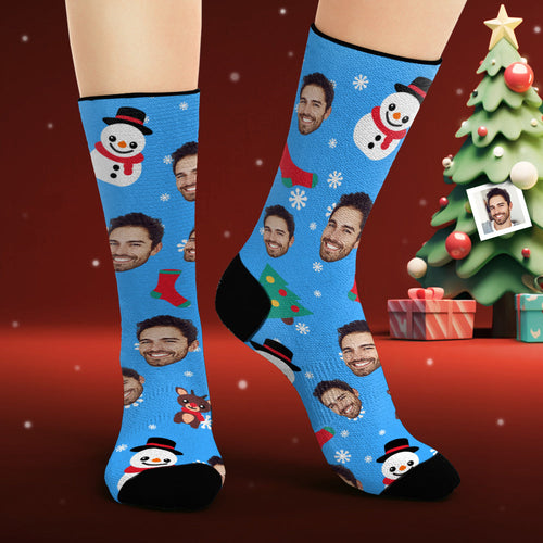 Custom Face Socks Personalized Photo Blue Socks Cartoon Santa Claus and Snowman - FaceSocksUsa
