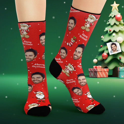 Custom Face Socks Personalized Photo Red Socks Merry Christmas - FaceSocksUsa