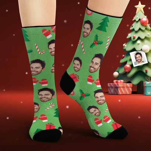 Custom Face Socks Personalized Photo Green Socks Christmas Gingerbread Man - FaceSocksUsa