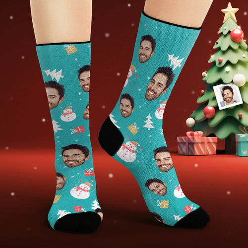 Custom Face Socks Personalized Photo Blue Socks Snowman Merry Christmas - FaceSocksUsa
