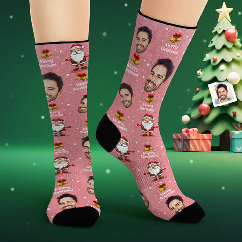 Custom Face Socks Personalized Photo Pink Socks Merry Christmas - FaceSocksUsa