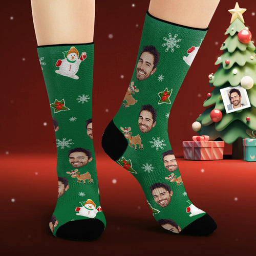 Custom Face Socks Personalized Photo Green Socks Cute Christmas Elements Christmas Gifts - FaceSocksUsa