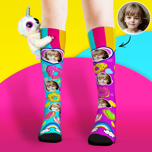 Custom Socks Knee High Face Socks Sloth Doll Colorful Donut Socks - FaceSocksUsa