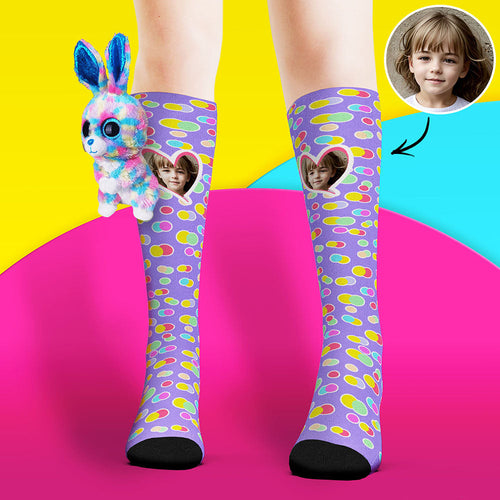Custom Socks Knee High Face Socks Rabbit Doll Colorful Polka Dot Socks - FaceSocksUsa