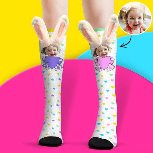 Custom Socks Knee High Face Socks 3D Plush Bunny Ears Socks - FaceSocksUsa