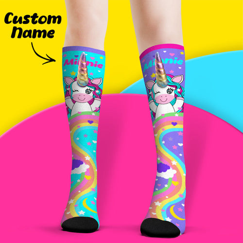 Custom Name Socks Knee High Socks 3D Unicorn Horn Cartoon Socks - FaceSocksUsa