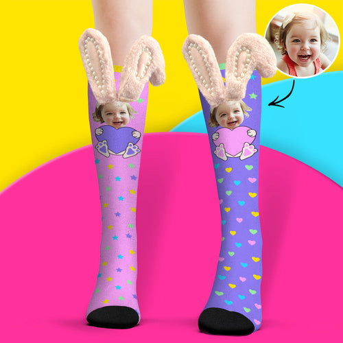 Custom Socks Knee High Face Socks 3D Bunny Ears with Pearls Socks - FaceSocksUsa