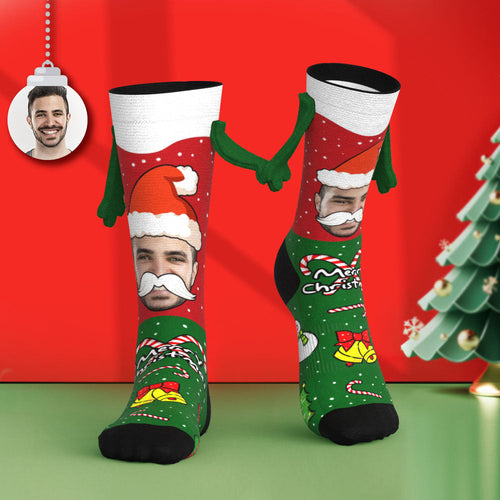Custom Santa Claus Face Socks Funny Doll Mid Tube Socks Magnetic Holding Hands Socks Merry Christmas