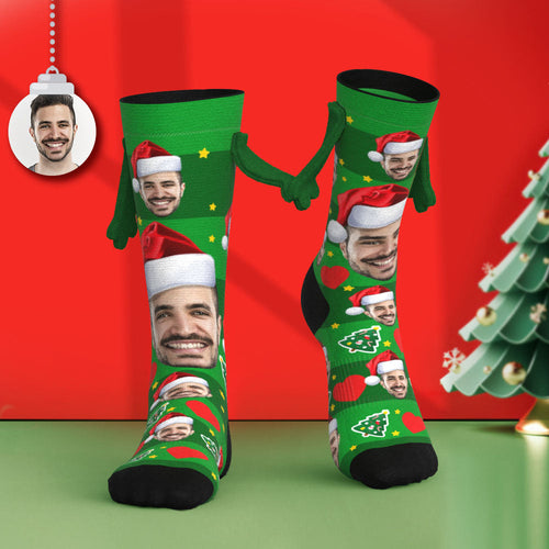 Custom Face Socks with Santa Hat Funny Doll Mid Tube Socks Magnetic Holding Hands Socks Christmas Gifts
