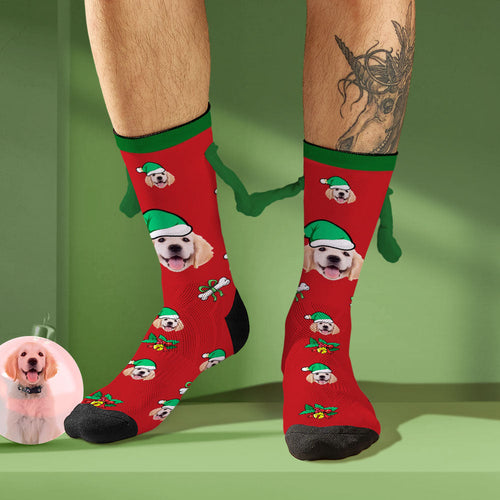 Custom Dog Face Socks with Santa Hat Funny Doll Mid Tube Socks Magnetic Holding Hands Socks Christmas Gifts