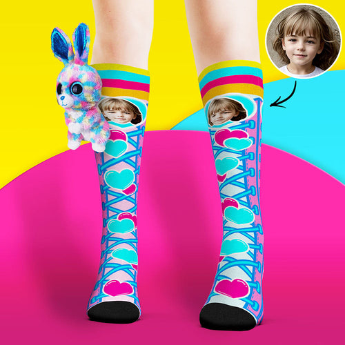 Custom Socks Knee High Face Socks Rabbit Doll Blue Love Heart Socks - FaceSocksUsa