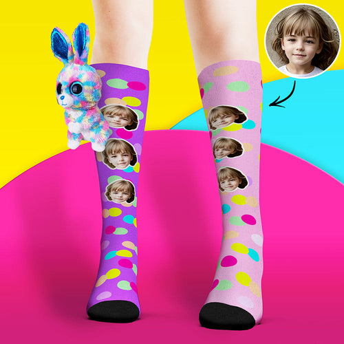Custom Socks Knee High Face Socks Colorful Polka Dot Rabbit Doll Socks - FaceSocksUsa