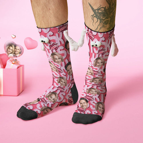 Custom Face Socks Funny Doll Mid Tube Socks Magnetic Holding Hands Socks Kiss Valentine's Day Gifts - FaceSocksUSA