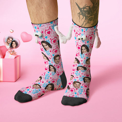 Custom Face Socks Funny Doll Mid Tube Socks Magnetic Holding Hands Socks Double Love Valentine's Day Gifts - FaceSocksUSA